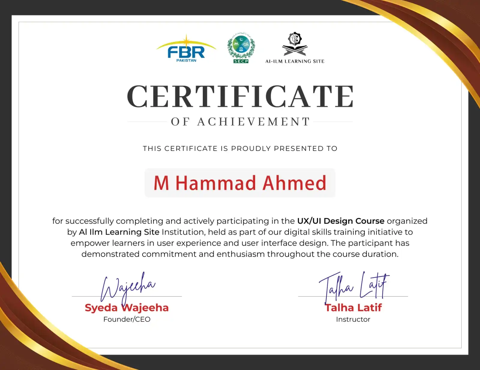 UI/UX Basic Design Course Certificate - Hammad Ahmed